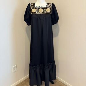 Mi Golondrina Satin Midi Dress Short Sleeve with Gold Embroidery Holiday Party M